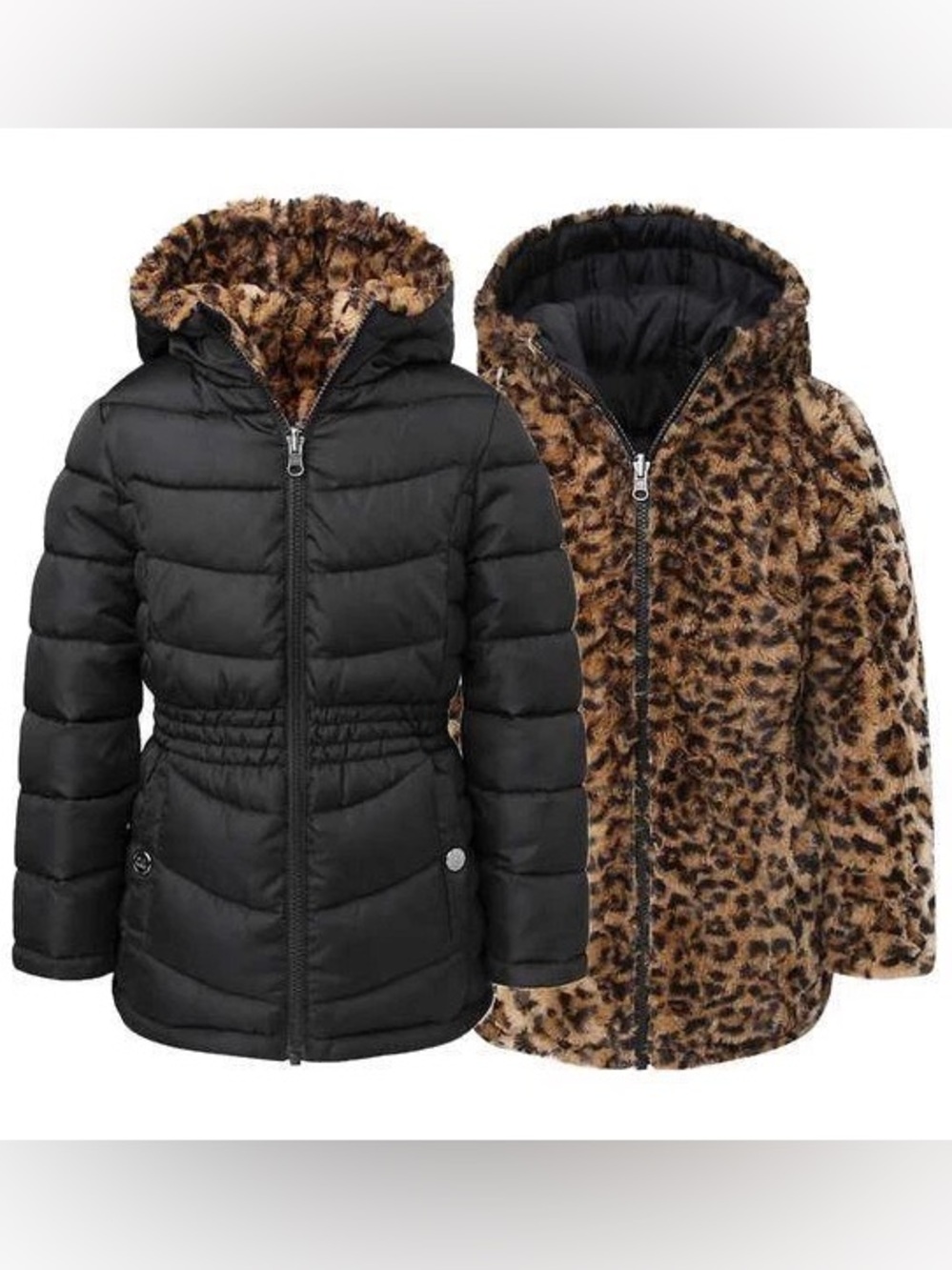 NWT Steve Madden Girls Reversible Black Puffer Jacket Leopard Print - XS 5/6